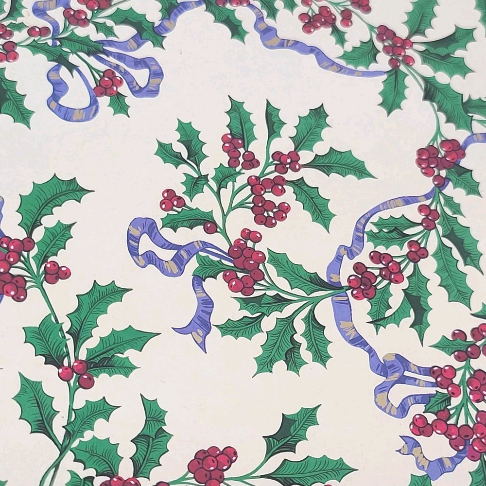 VALUE BUNDLE: 7 Vtg Caspari Holly Ribbon Christmas Laminated Placemats 16" x 12"
